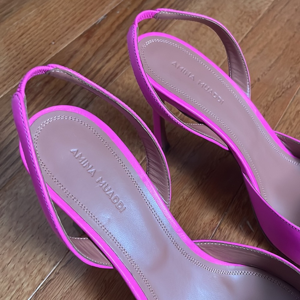 Amina Muaddi Camelia 90MM Leather Slingback Pumps - Picture 3 of 11